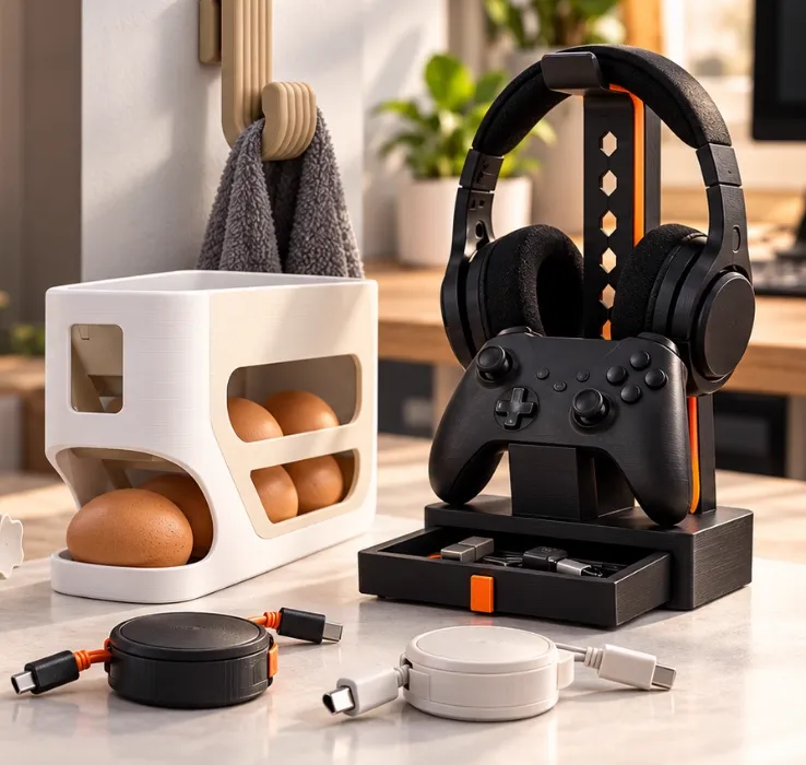 Headphone and controller stand, egg dispenser and cable holders