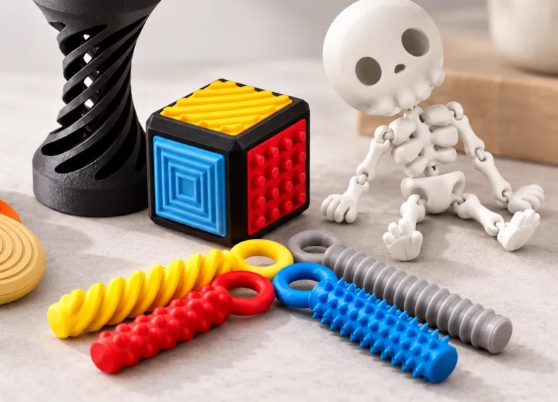 Fidget spinner, sensory cube, twist toys and an articulated skeleton